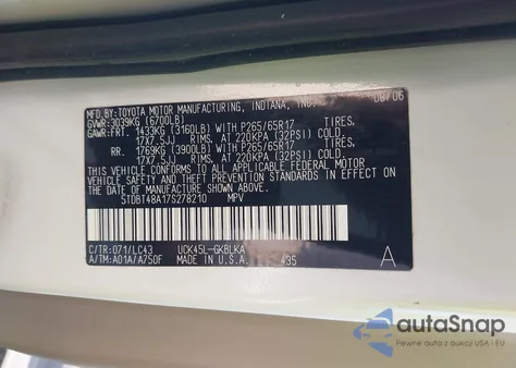 2007 Toyota Sequoia Limited V8 из США, поврежденный, VIN 5TDBT48A17S278210